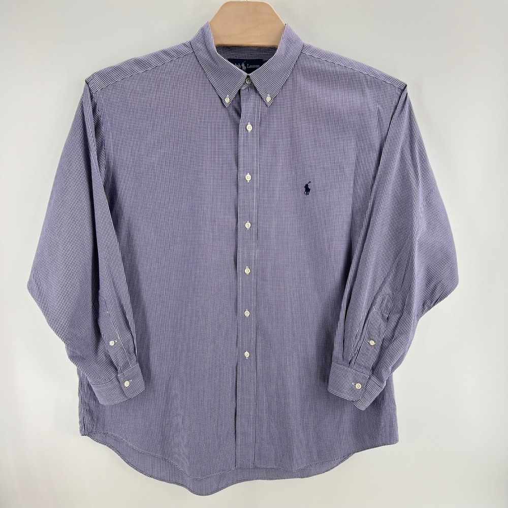 Ralph Lauren Yarmouth Gingham Shirt 18 34/35 Cotton Purple White Preppy Big Tall